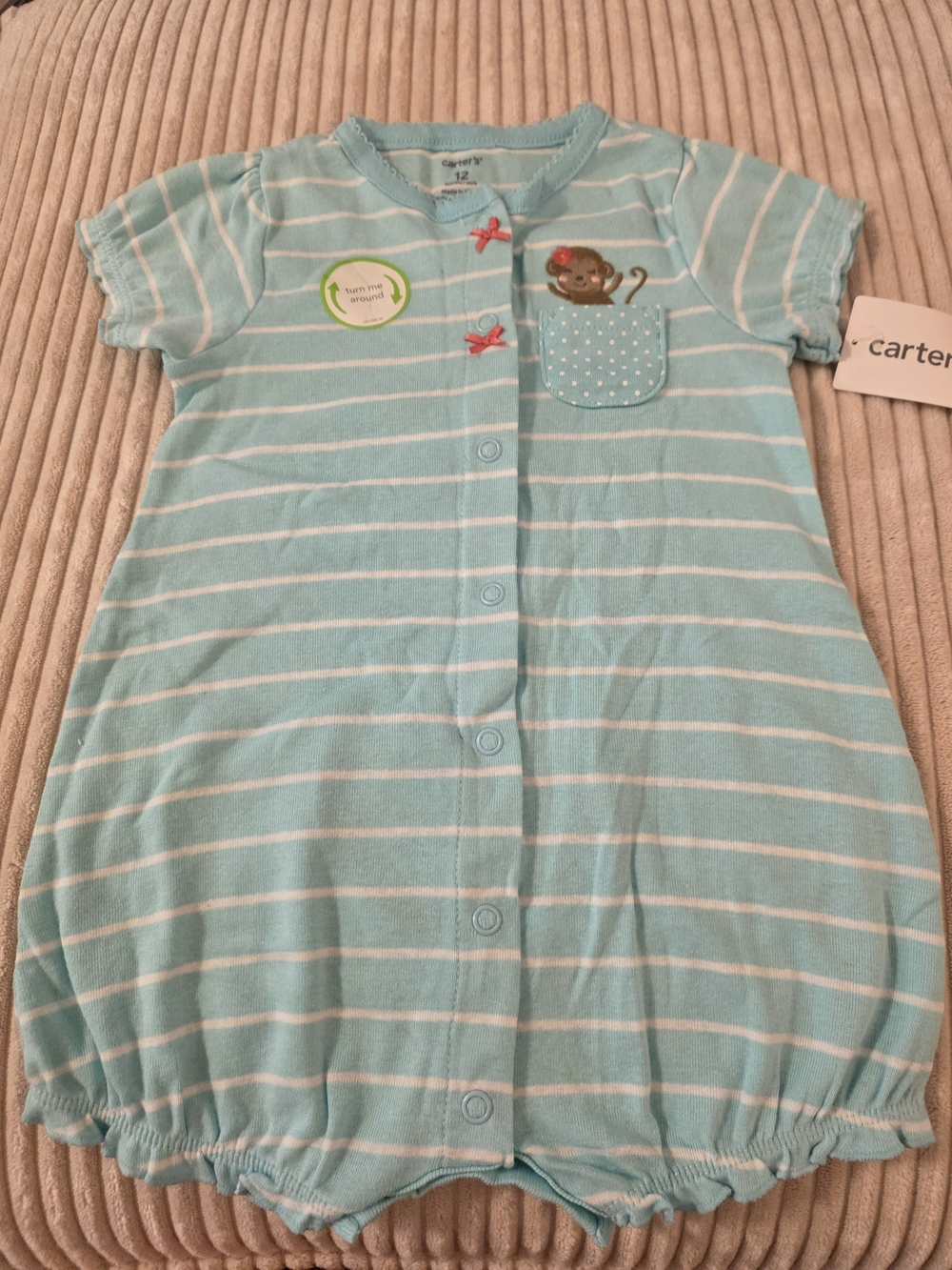 Carter's Aqua and White Striped Monkey Pocket Short-Sleeve Romper